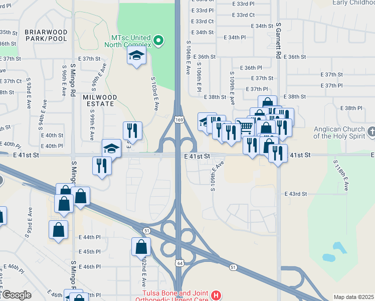 map of restaurants, bars, coffee shops, grocery stores, and more near 10710 East 41st Street in Tulsa