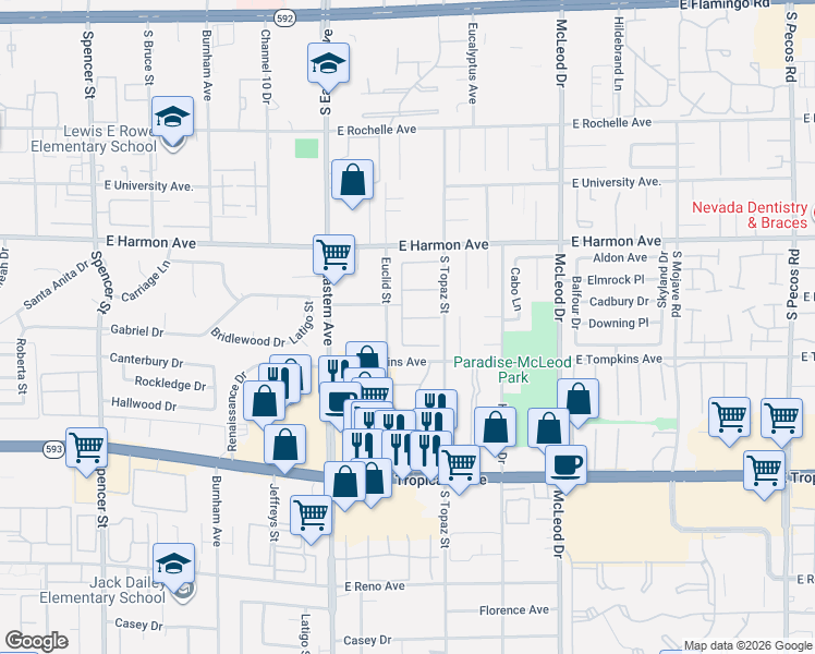map of restaurants, bars, coffee shops, grocery stores, and more near 2531 La Cara Avenue in Las Vegas