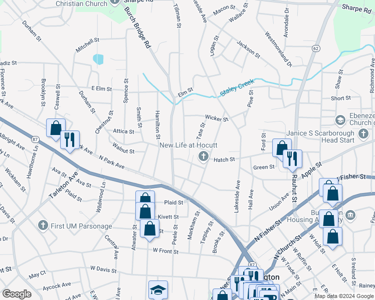 map of restaurants, bars, coffee shops, grocery stores, and more near 316 Tate Street in Burlington