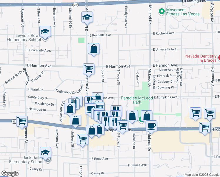 map of restaurants, bars, coffee shops, grocery stores, and more near 2541 La Cara Avenue in Las Vegas