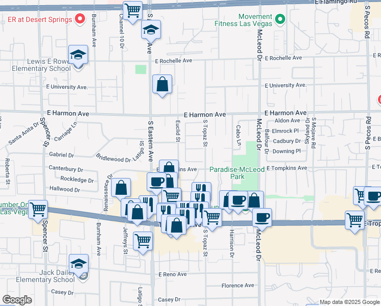 map of restaurants, bars, coffee shops, grocery stores, and more near 2541 La Cara Avenue in Las Vegas
