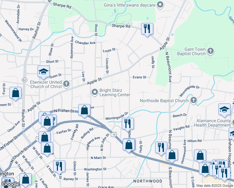 map of restaurants, bars, coffee shops, grocery stores, and more near 447 Crescent Avenue in Burlington