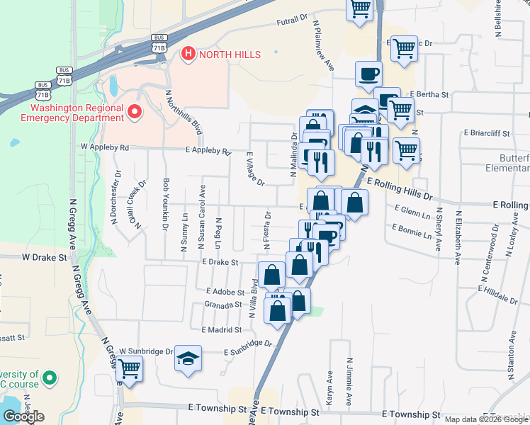 map of restaurants, bars, coffee shops, grocery stores, and more near 2945 North Fiesta Drive in Fayetteville