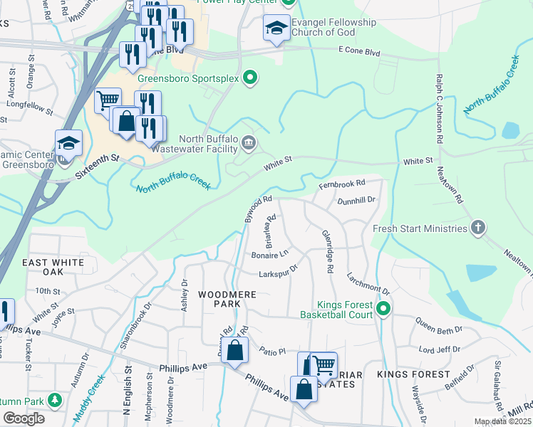 map of restaurants, bars, coffee shops, grocery stores, and more near 2221 Briarlea Road in Greensboro