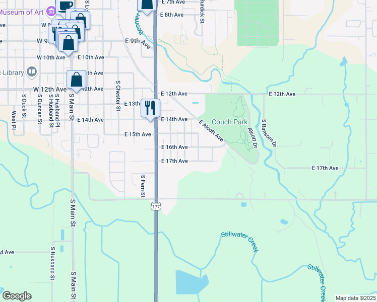 map of restaurants, bars, coffee shops, grocery stores, and more near 1601 South Springfield Street in Stillwater