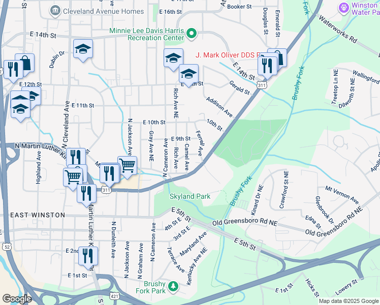 map of restaurants, bars, coffee shops, grocery stores, and more near 839 Camel Avenue in Winston-Salem