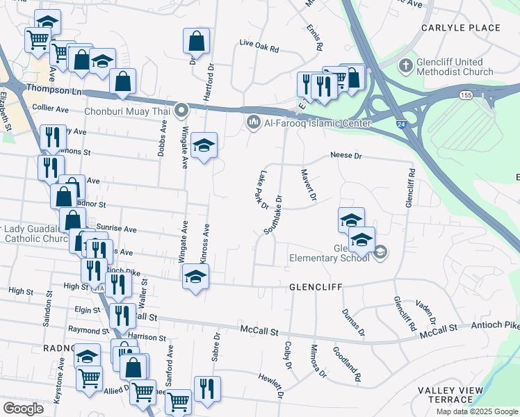 map of restaurants, bars, coffee shops, grocery stores, and more near 3133 Lake Park Drive in Nashville