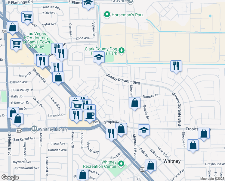 map of restaurants, bars, coffee shops, grocery stores, and more near 5710 Tropicana Avenue in Las Vegas