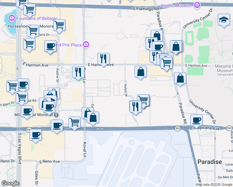 map of restaurants, bars, coffee shops, grocery stores, and more near 4670 Monterey Circle in Las Vegas