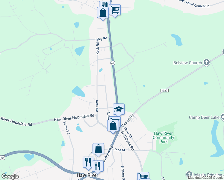 map of restaurants, bars, coffee shops, grocery stores, and more near 630 Roxboro Street in Haw River