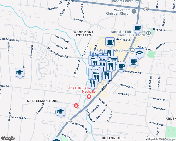 map of restaurants, bars, coffee shops, grocery stores, and more near 3939 Hillsboro Circle in Nashville
