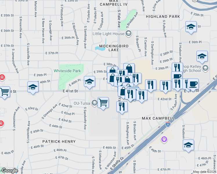 map of restaurants, bars, coffee shops, grocery stores, and more near 4014 South Yale Avenue in Tulsa