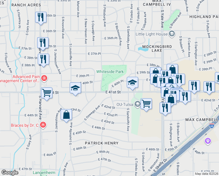 map of restaurants, bars, coffee shops, grocery stores, and more near 4214 East 40th Place in Tulsa