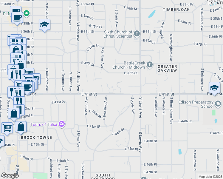 map of restaurants, bars, coffee shops, grocery stores, and more near 4008 South Yorktown Avenue in Tulsa