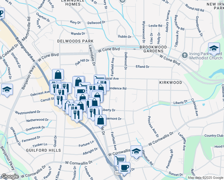 map of restaurants, bars, coffee shops, grocery stores, and more near 2626 Fairfield Avenue in Greensboro
