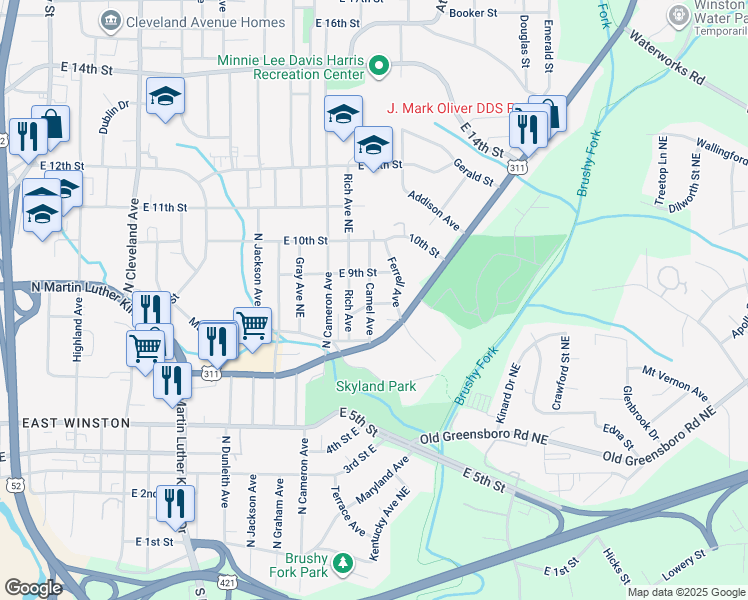 map of restaurants, bars, coffee shops, grocery stores, and more near 839 Camel Avenue in Winston-Salem
