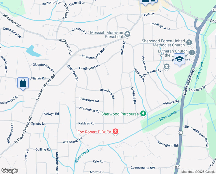 map of restaurants, bars, coffee shops, grocery stores, and more near 3621 Dewsbury Road in Winston-Salem