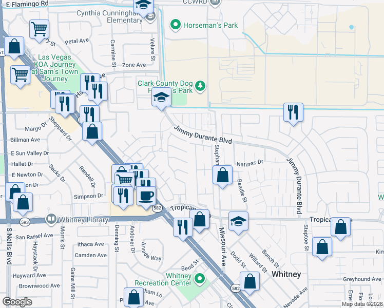 map of restaurants, bars, coffee shops, grocery stores, and more near 5710 East Tropicana Avenue in Las Vegas