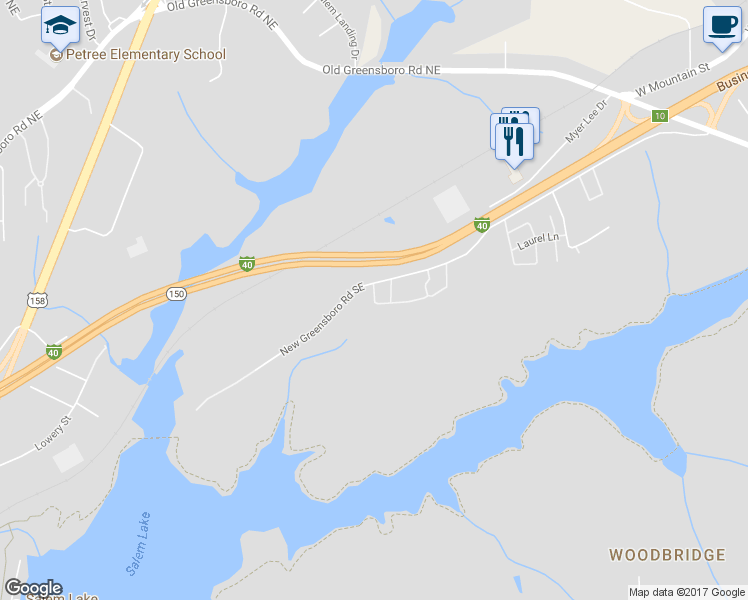 map of restaurants, bars, coffee shops, grocery stores, and more near 1300 Forest Knolls Circle Southeast in Winston-Salem