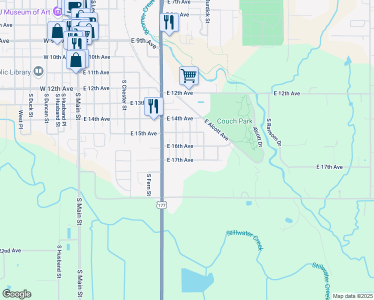 map of restaurants, bars, coffee shops, grocery stores, and more near 1601 South Springfield Street in Stillwater