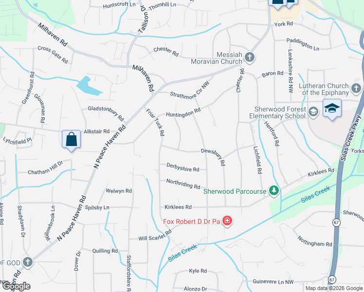 map of restaurants, bars, coffee shops, grocery stores, and more near 3719 Dewsbury Road in Winston-Salem