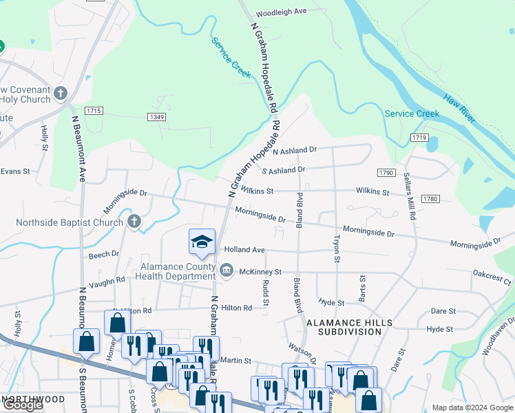 map of restaurants, bars, coffee shops, grocery stores, and more near 1924 Morningside Drive in Burlington