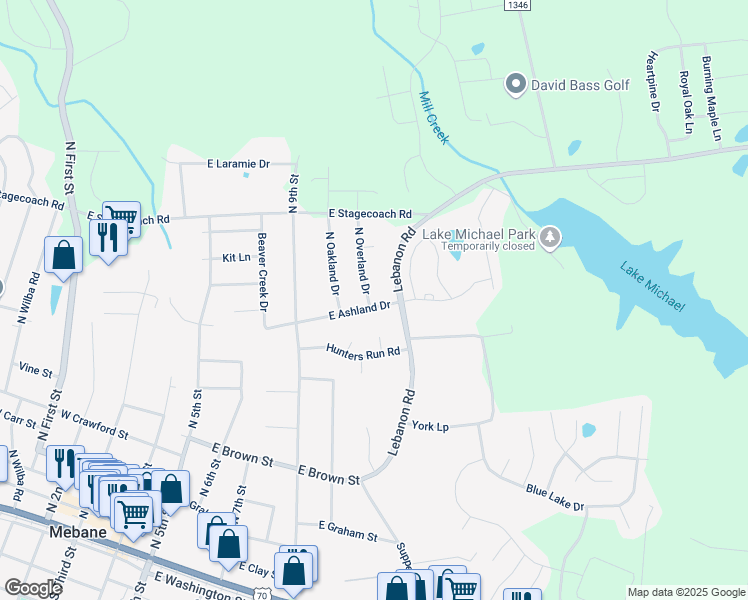 map of restaurants, bars, coffee shops, grocery stores, and more near 801 East Ashland Drive in Mebane