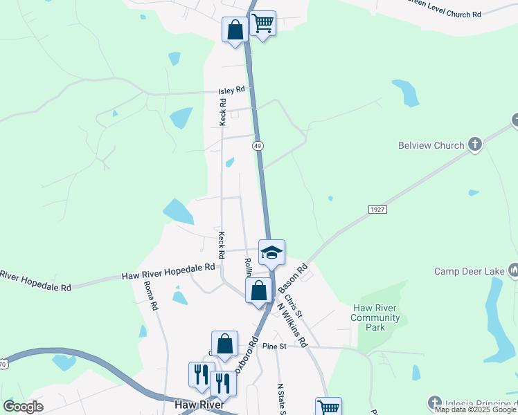 map of restaurants, bars, coffee shops, grocery stores, and more near 630 Roxboro Street in Haw River