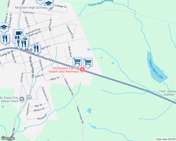 map of restaurants, bars, coffee shops, grocery stores, and more near 10218 Highway 70 East in McEwen