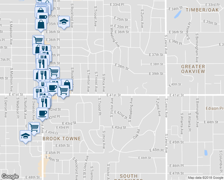 map of restaurants, bars, coffee shops, grocery stores, and more near 1725 East 41st Street in Tulsa