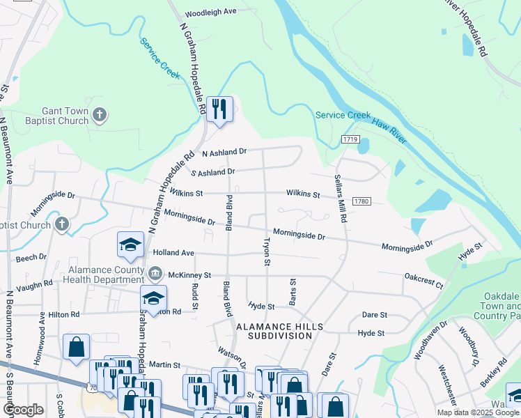 map of restaurants, bars, coffee shops, grocery stores, and more near 712 Kidd Drive in Burlington