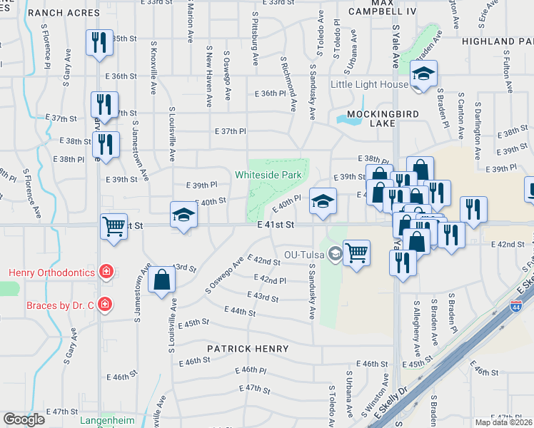 map of restaurants, bars, coffee shops, grocery stores, and more near 4214 East 40th Place in Tulsa
