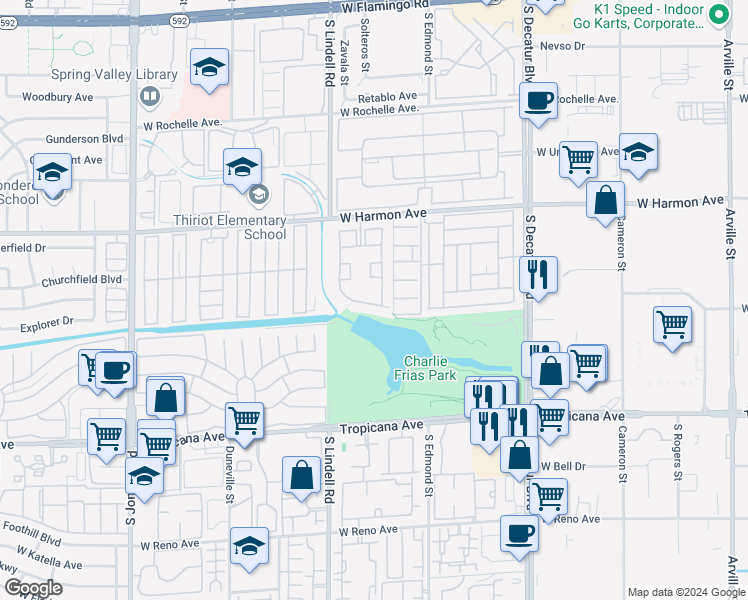 map of restaurants, bars, coffee shops, grocery stores, and more near 5415 West Harmon Avenue in Las Vegas