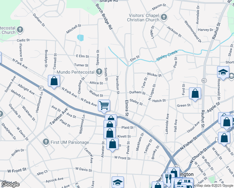 map of restaurants, bars, coffee shops, grocery stores, and more near 904 Durham Street in Burlington
