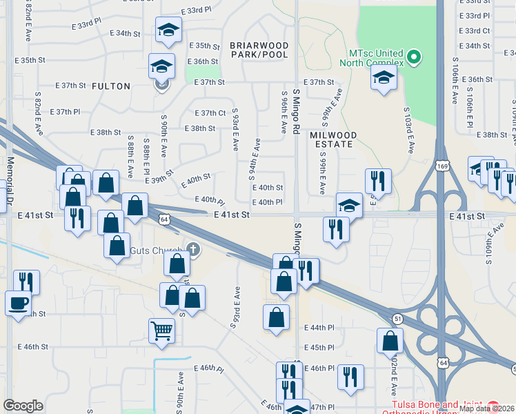 map of restaurants, bars, coffee shops, grocery stores, and more near 9412 East 40th Place in Tulsa