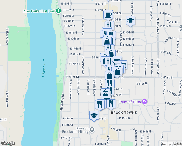 map of restaurants, bars, coffee shops, grocery stores, and more near 1027 East 41st Street in Tulsa
