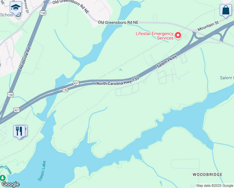 map of restaurants, bars, coffee shops, grocery stores, and more near 1519 Forest Knolls Circle Southeast in Winston-Salem