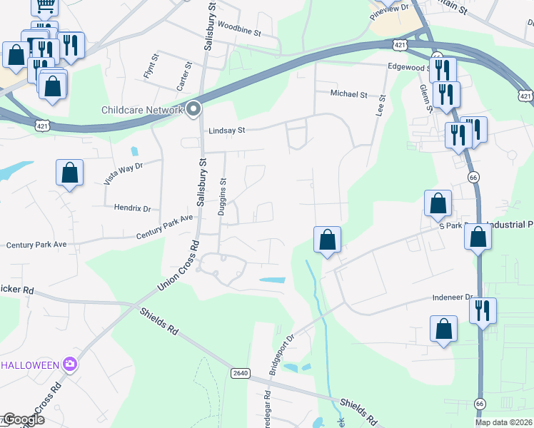 map of restaurants, bars, coffee shops, grocery stores, and more near 515 Springbrook Drive in Kernersville