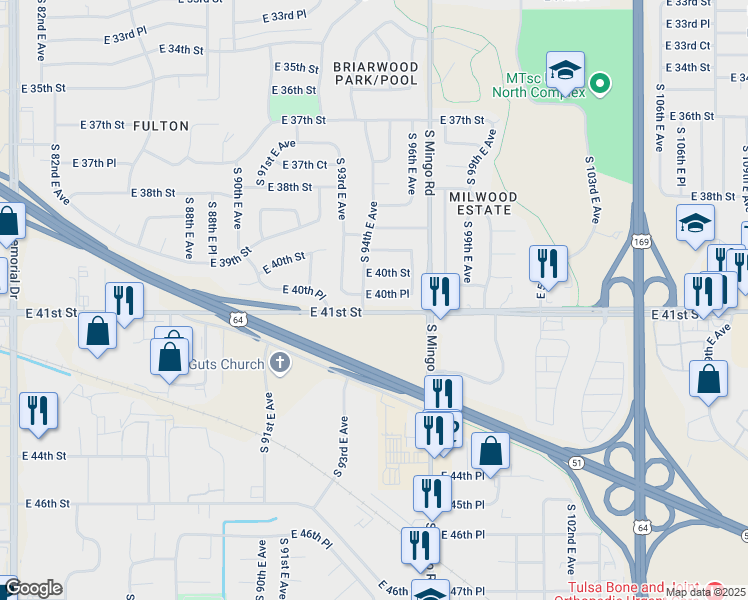 map of restaurants, bars, coffee shops, grocery stores, and more near 9412 East 40th Place in Tulsa