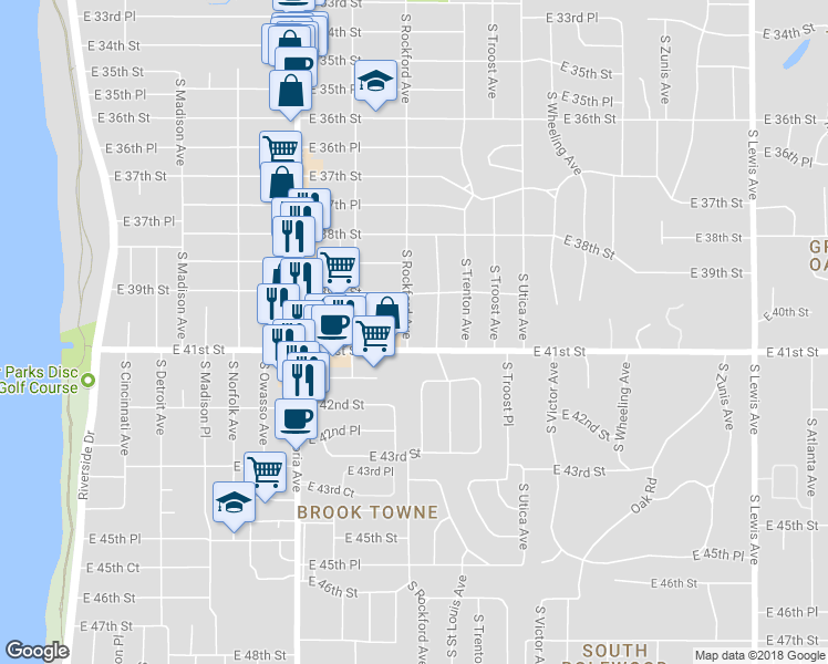 map of restaurants, bars, coffee shops, grocery stores, and more near 3933 South Rockford Avenue in Tulsa