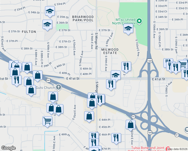 map of restaurants, bars, coffee shops, grocery stores, and more near 4025 South 96th East Avenue in Tulsa