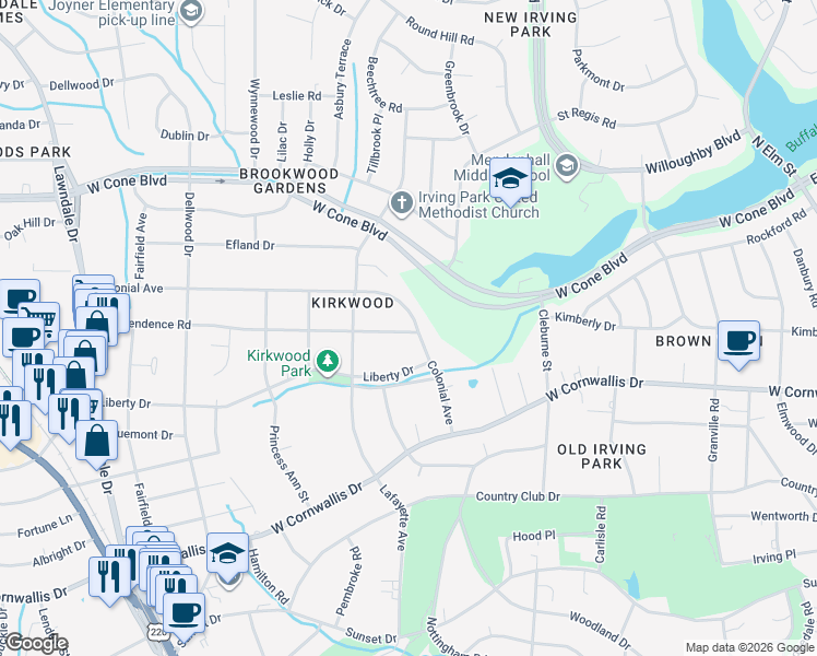 map of restaurants, bars, coffee shops, grocery stores, and more near 1502 Colonial Avenue in Greensboro