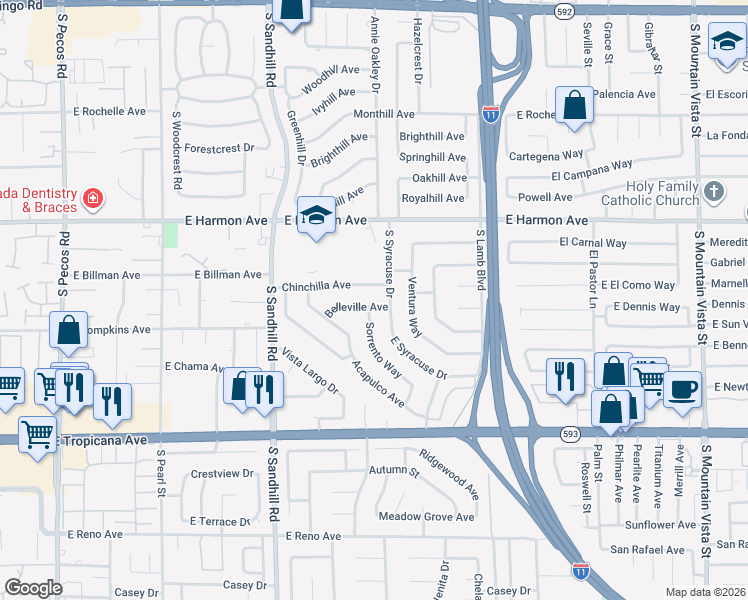 map of restaurants, bars, coffee shops, grocery stores, and more near 3986 Belleville Avenue in Las Vegas