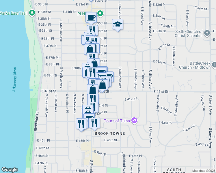 map of restaurants, bars, coffee shops, grocery stores, and more near 1401 East 41st Street in Tulsa
