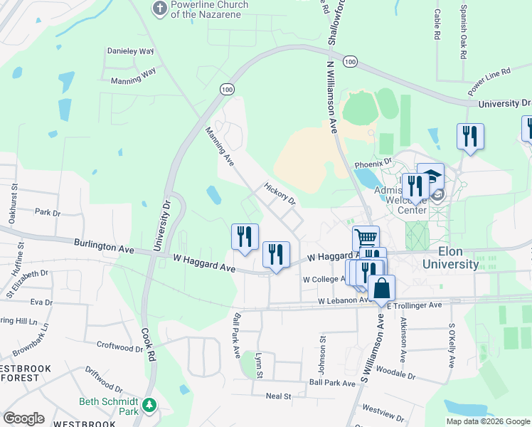 map of restaurants, bars, coffee shops, grocery stores, and more near 422 North Manning Avenue in Elon