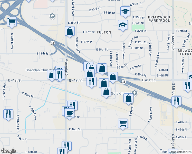 map of restaurants, bars, coffee shops, grocery stores, and more near 8525 East 41st Street in Tulsa
