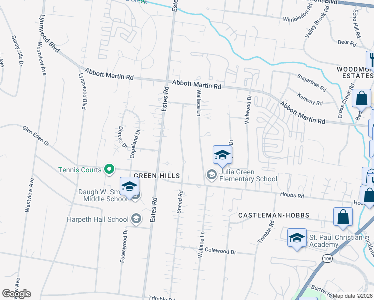 map of restaurants, bars, coffee shops, grocery stores, and more near 4107 Wallace Lane in Nashville