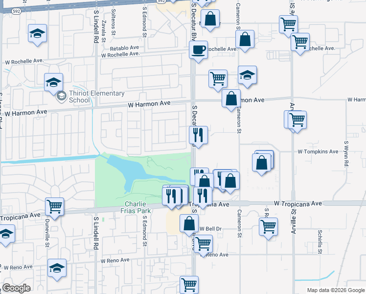 map of restaurants, bars, coffee shops, grocery stores, and more near 4968 Ridge Drive in Las Vegas