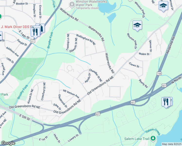 map of restaurants, bars, coffee shops, grocery stores, and more near 3085 Apollo Drive in Winston-Salem
