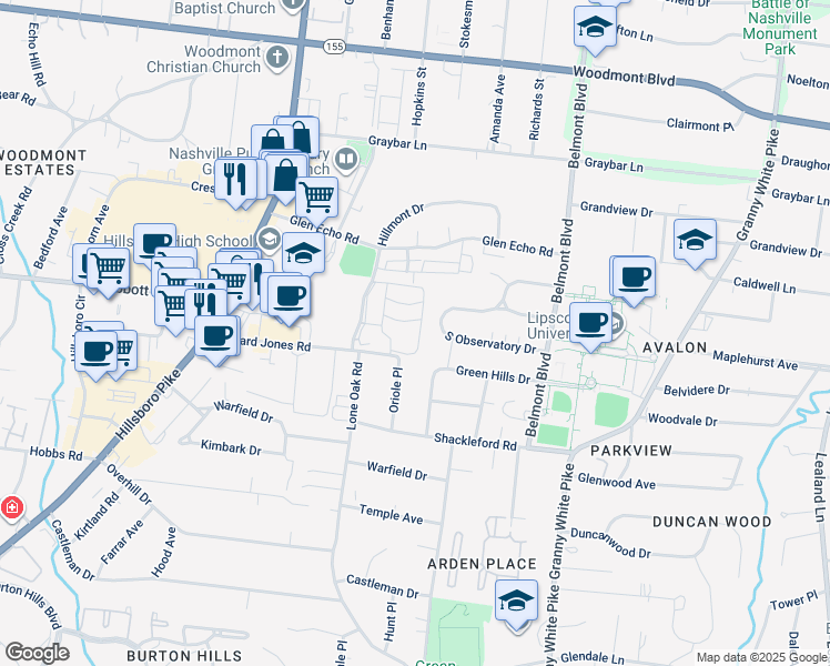 map of restaurants, bars, coffee shops, grocery stores, and more near 1900 Richard Jones Road in Nashville